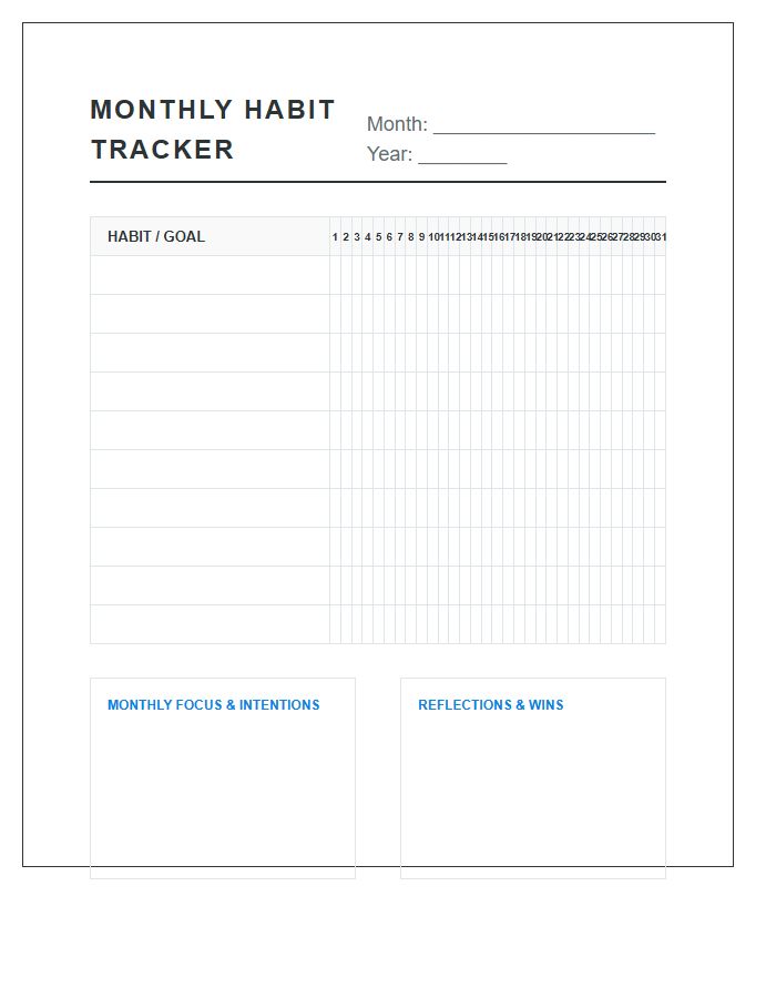 Monthly Goal Tracking Printable Habit Chart