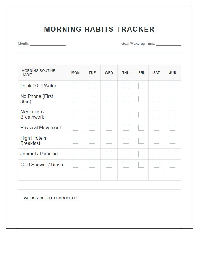 Morning Habits Printable Tracking Log Chart