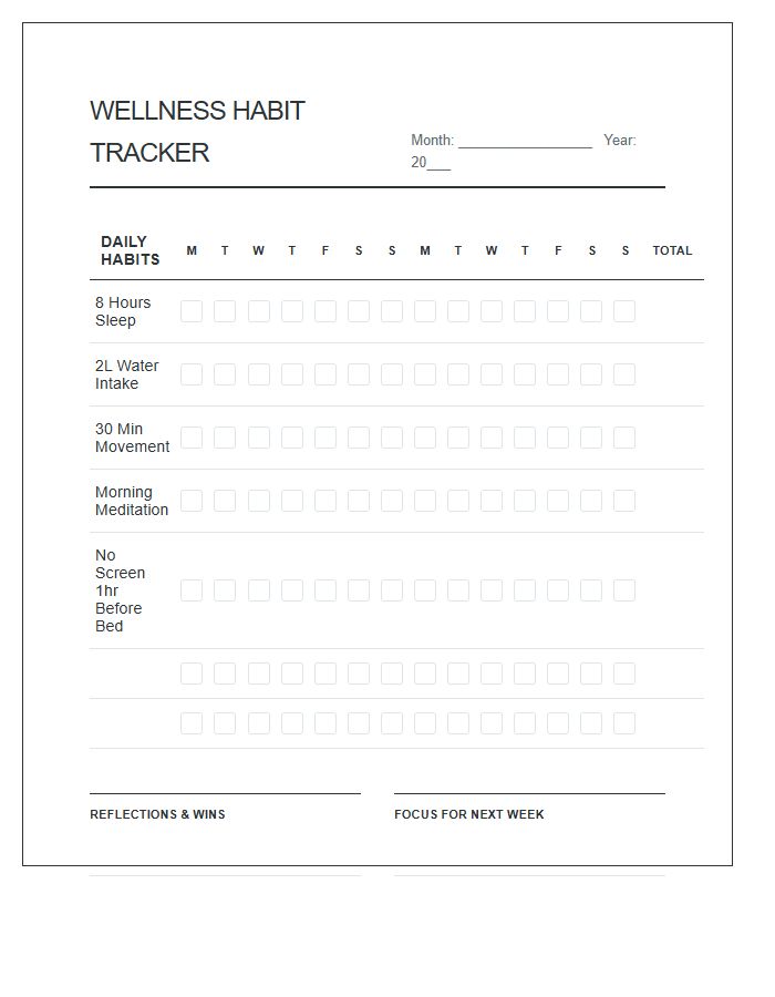 Personal Wellness Printable Habit Log Chart