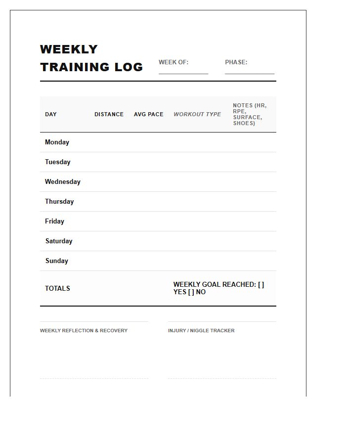 Competitive Runner Distance Log Printable Chart