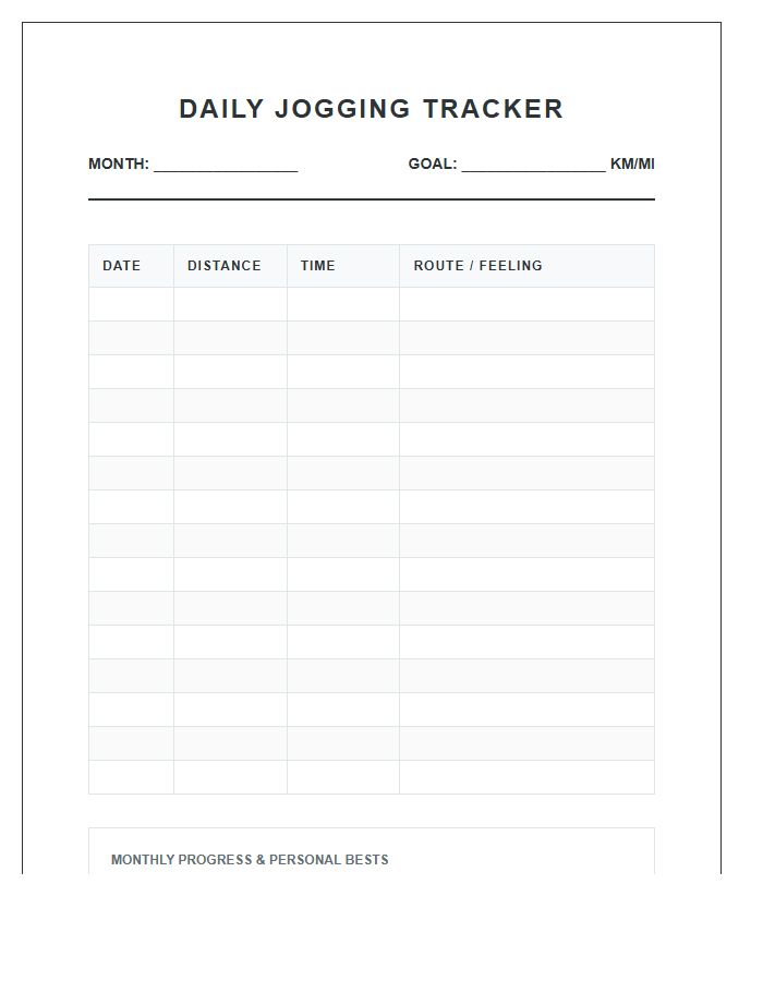 Daily Jogging Distance Tracker Printable Chart