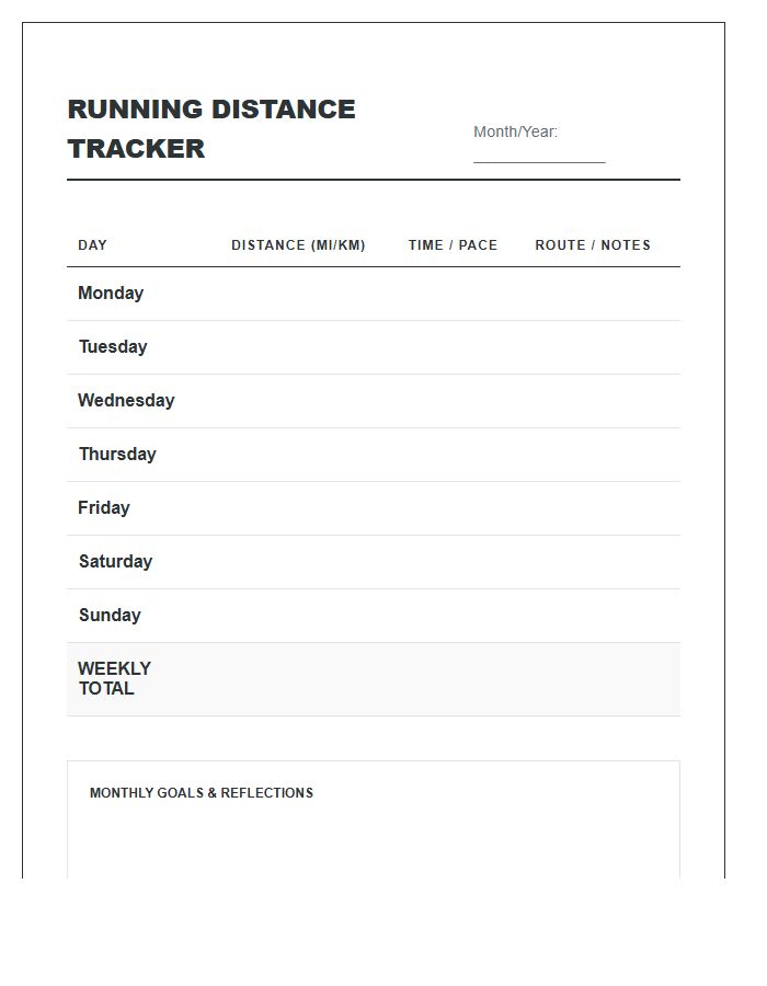 Daily Running Distance Tracker Printable Chart