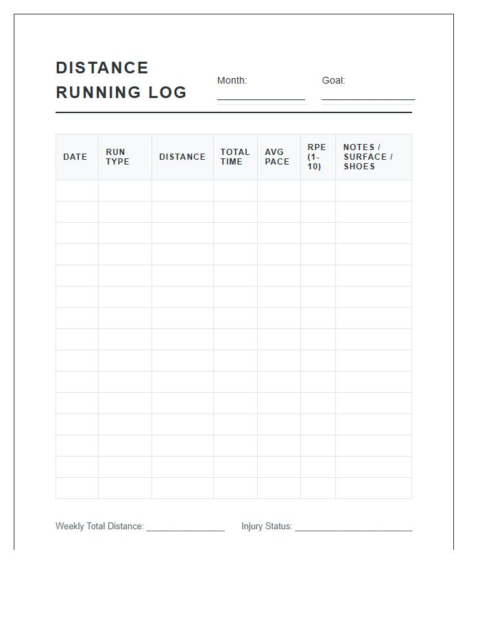Distance Running Performance Log Printable Chart