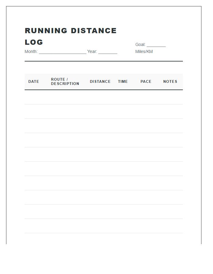 Fitness Journal Running Distance Printable Chart