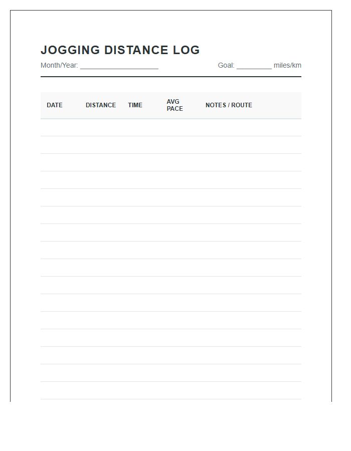 Jogging Distance Log Printable Chart