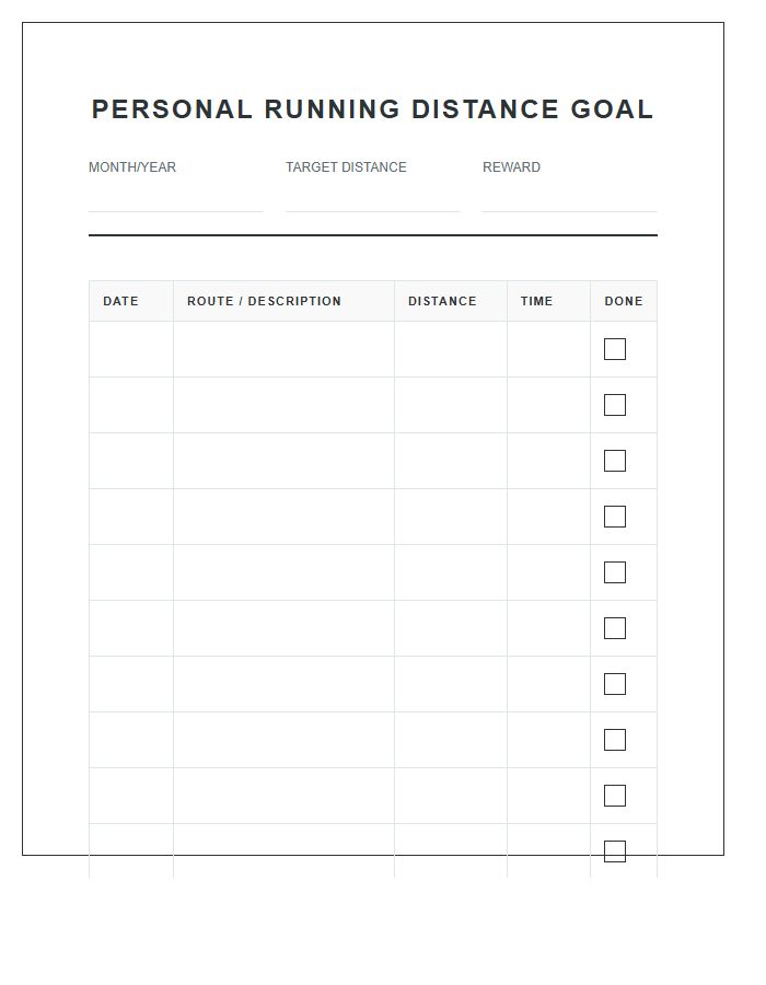 Personal Running Distance Goal Printable Chart