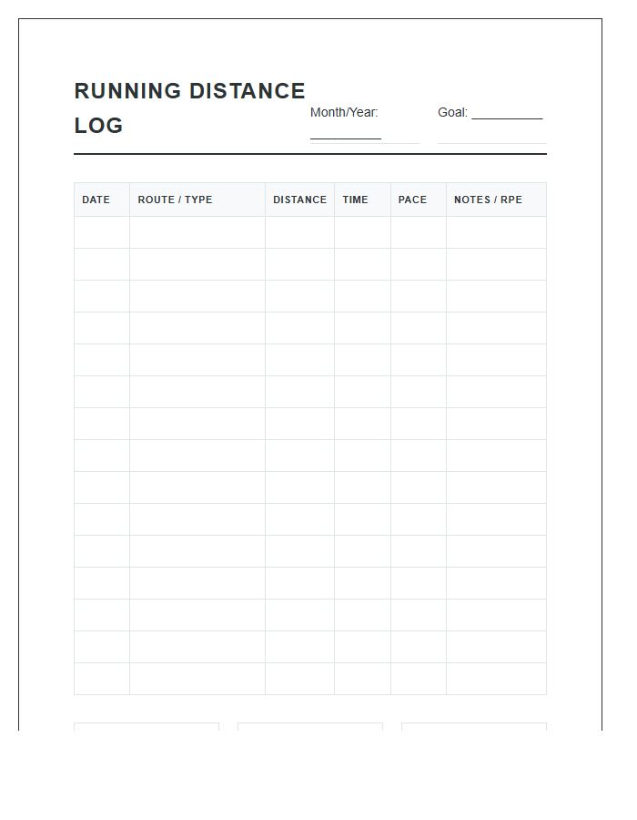 Professional Running Distance Log Printable Chart