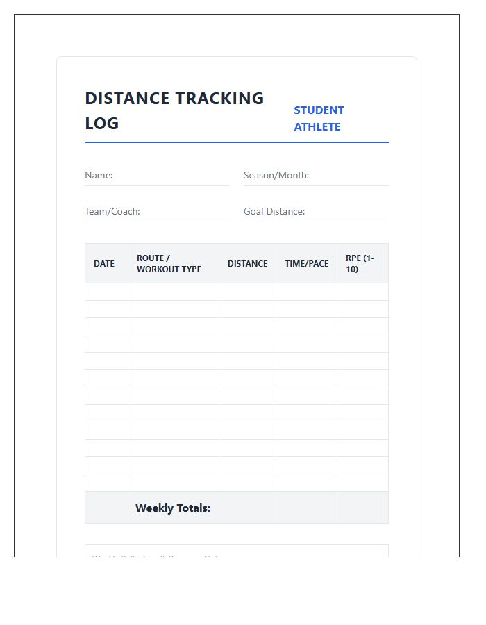 Student Athlete Running Distance Printable Chart