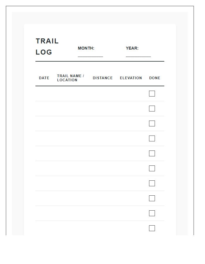 Trail Running Distance Tracker Printable Chart