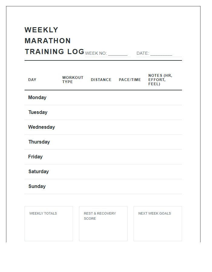 Weekly Marathon Training Log Printable Chart