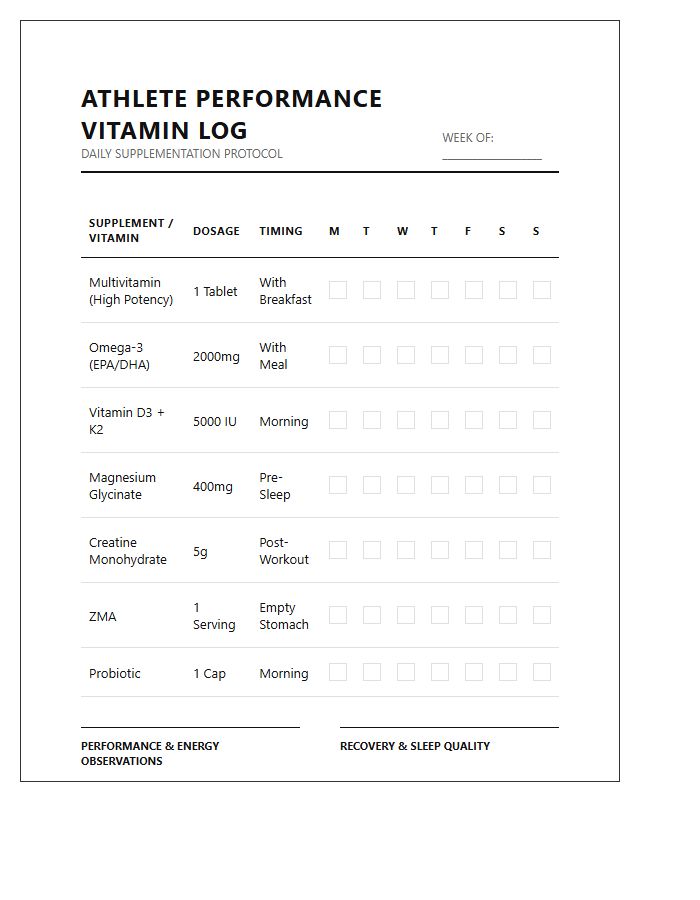 Printable Athlete Daily Vitamin Performance Chart