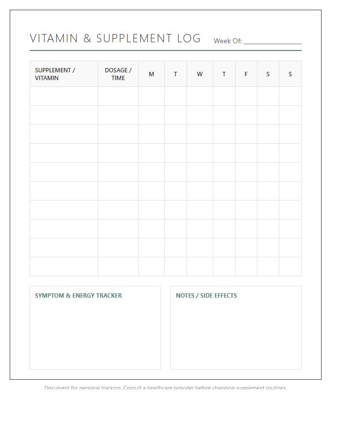 Printable Chronic Illness Vitamin Tracking Chart