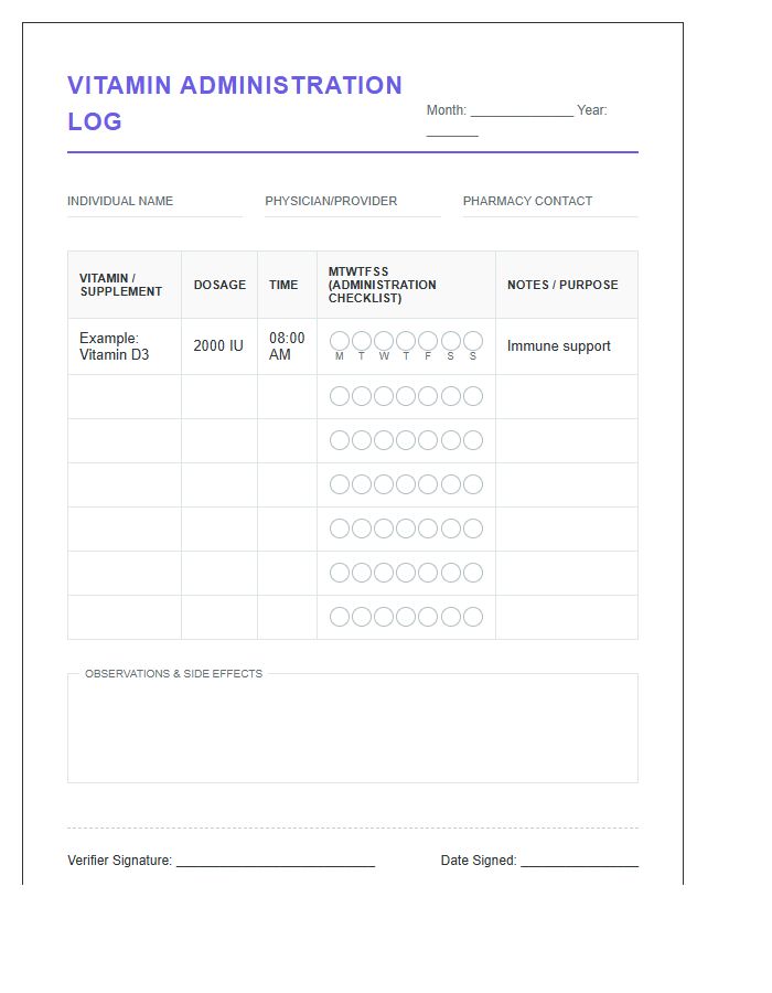 Printable Comprehensive Vitamin Administration Log Chart