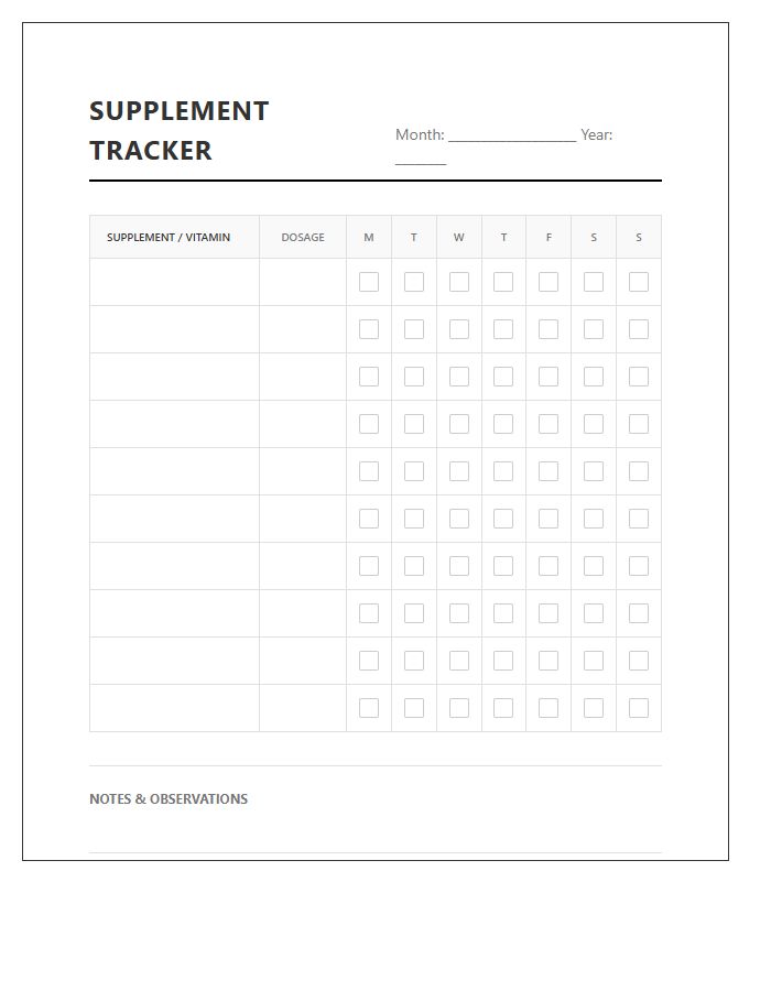 Printable Daily Supplement Compliance Tracking Chart