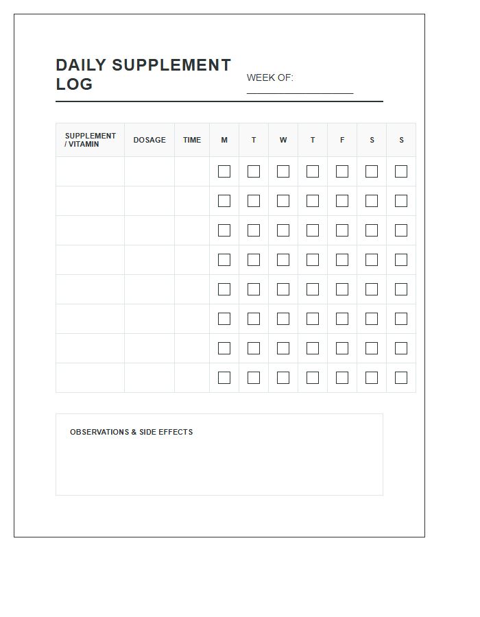 Printable Daily Vitamin And Supplement Tracking Chart