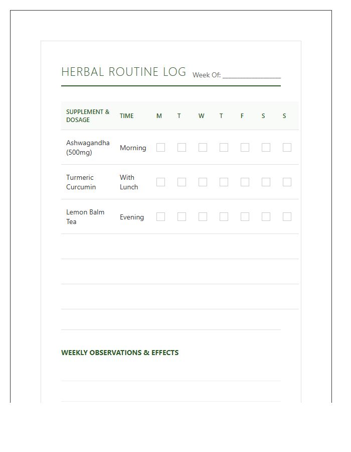 Printable Herbal Supplement Routine Log Chart