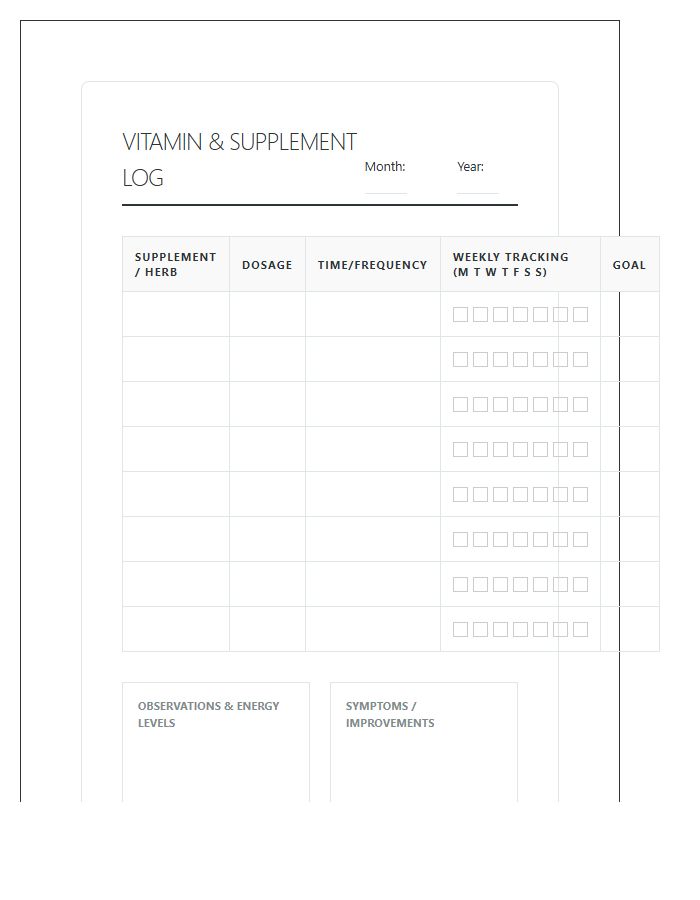 Printable Holistic Vitamin Management Log Chart