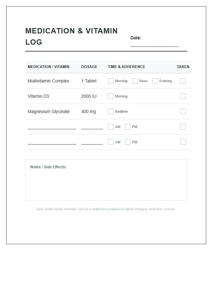 Printable Medication And Vitamin Daily Log Chart