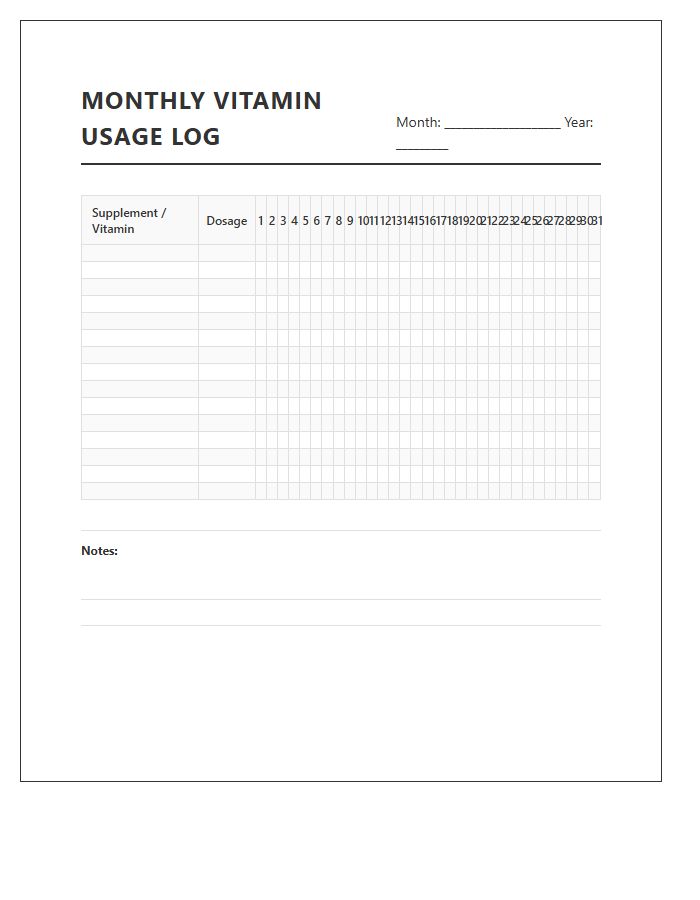 Printable Monthly Vitamin Usage Log Chart