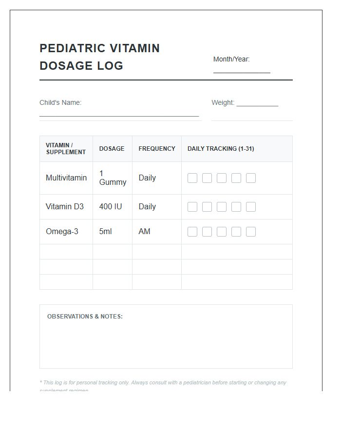 Printable Pediatric Vitamin Dosage Log Chart