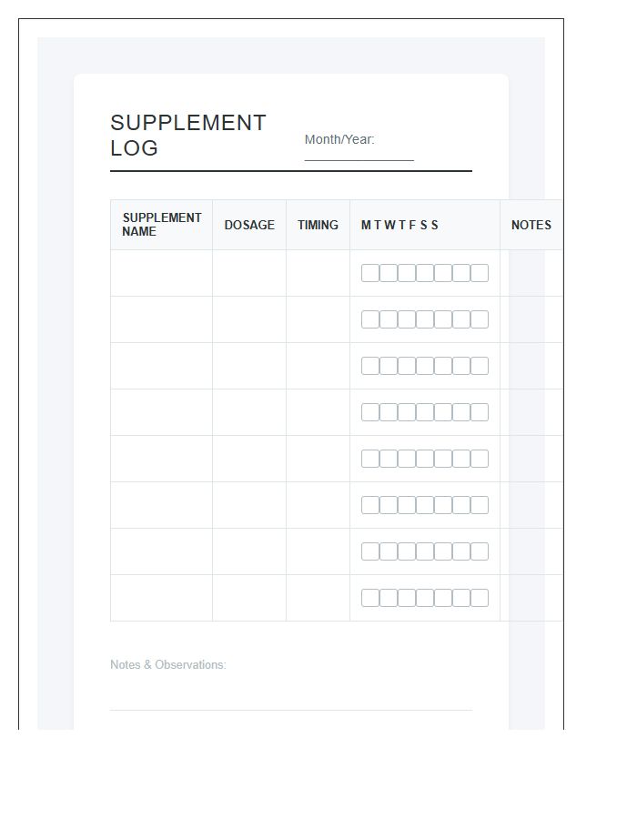 Printable Personal Wellness Supplement Log Chart