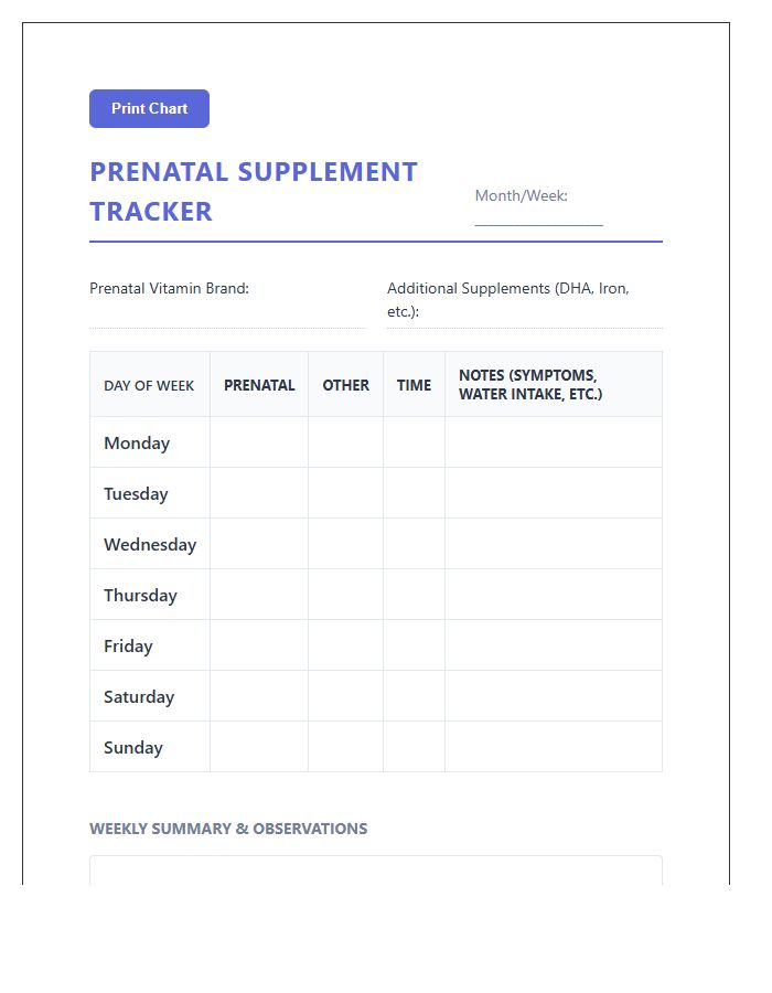 Printable Prenatal Supplement Intake Monitoring Chart