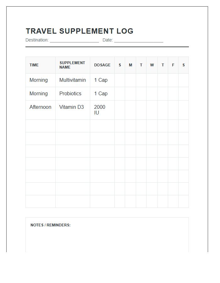 Printable Travel Supplement Schedule Log Chart