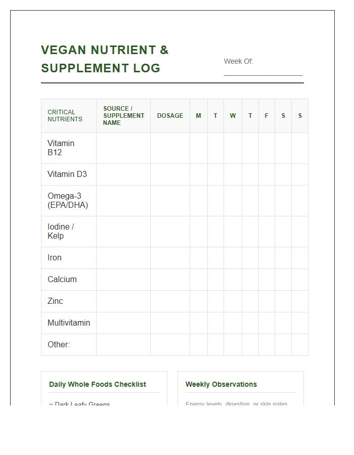 Printable Vegan Nutrient And Supplement Log Chart