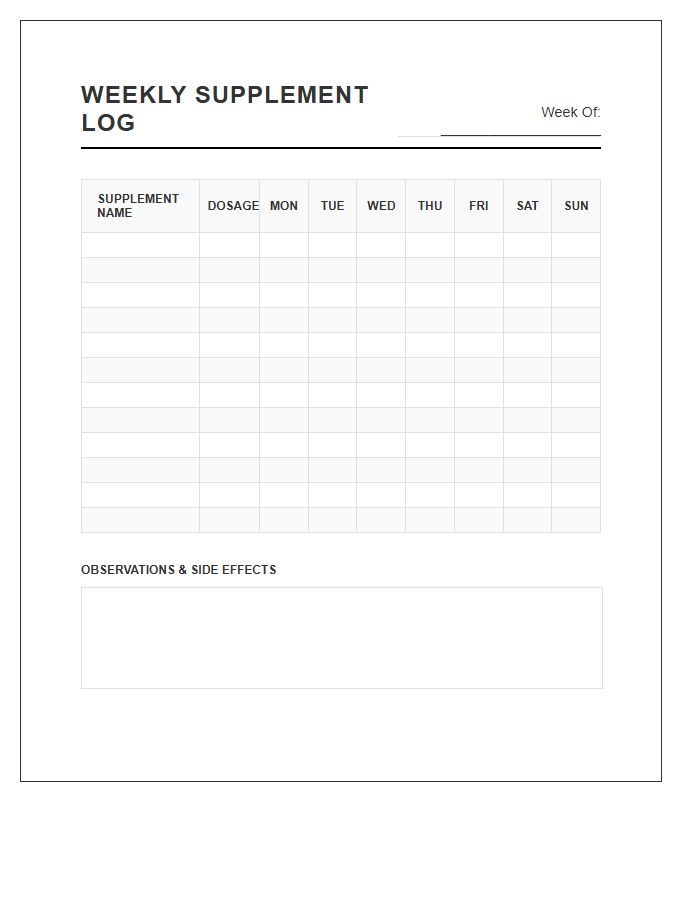 Printable Weekly Supplement Intake Log Chart