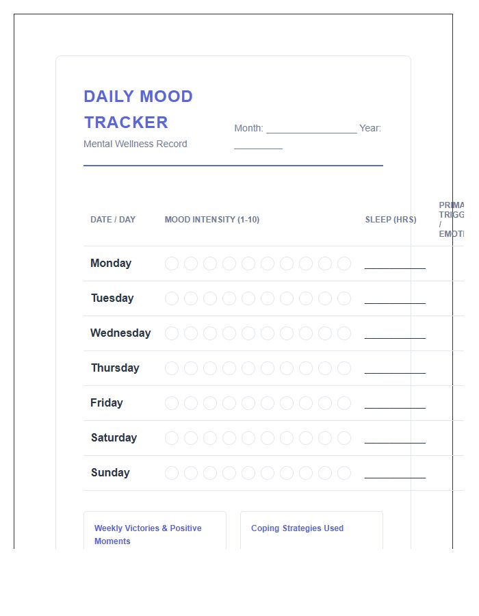 Adult Mental Health Printable Mood Tracker Log Chart