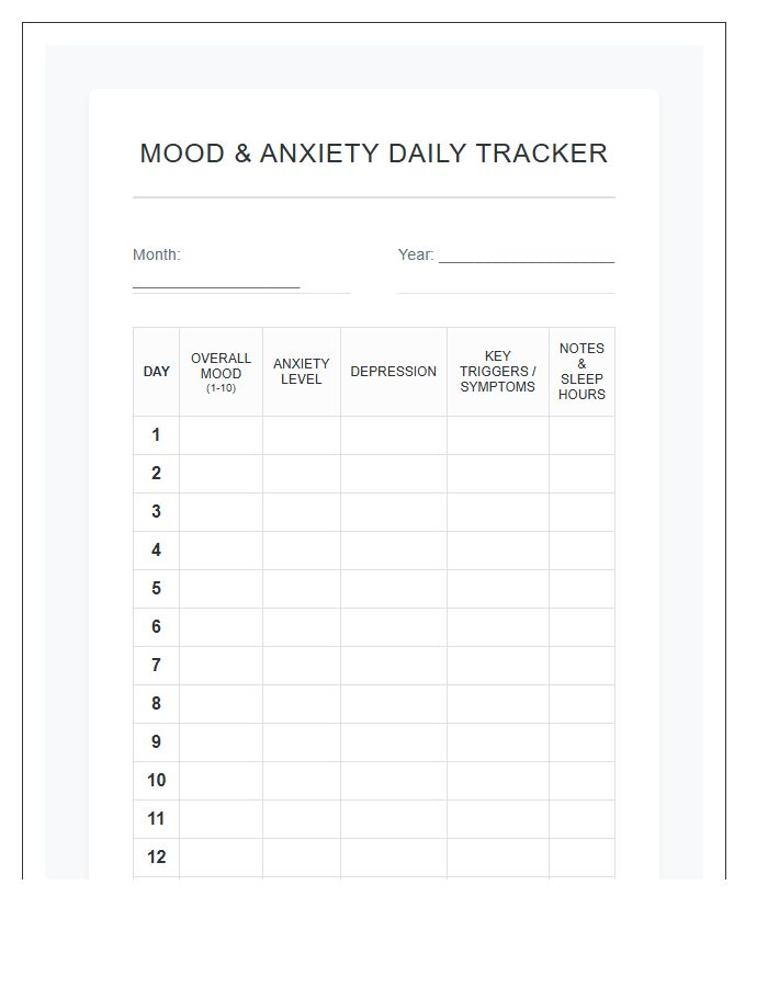 Anxiety And Depression Printable Mood Tracker Log Chart