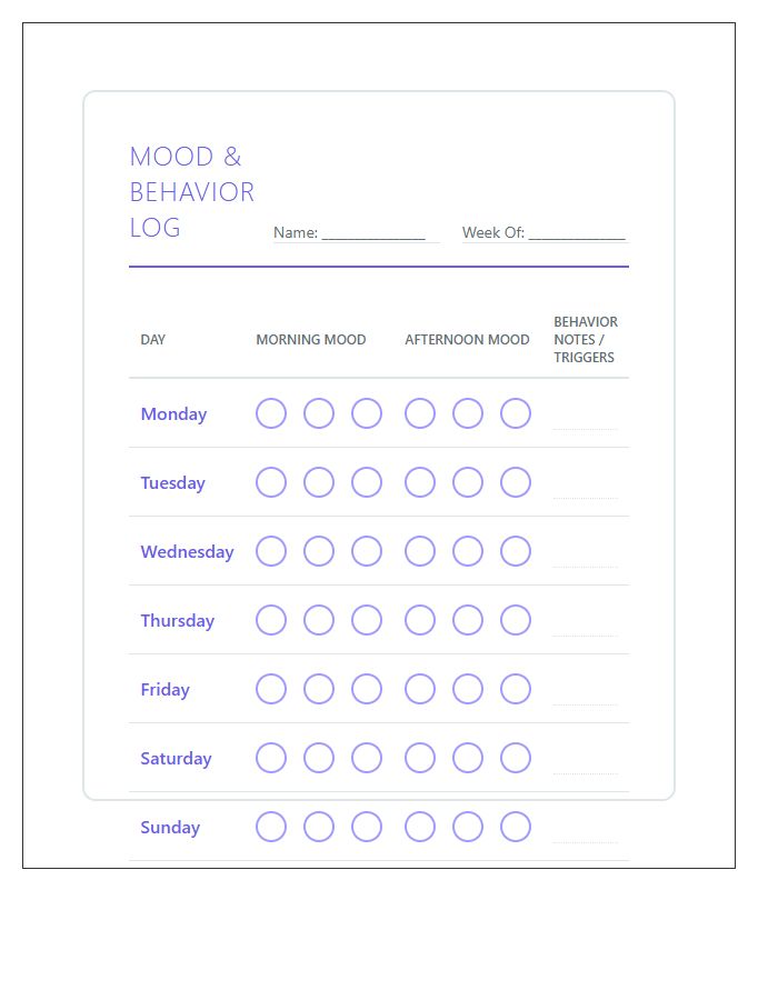 Childrens Behavior Printable Mood Tracking Log Chart