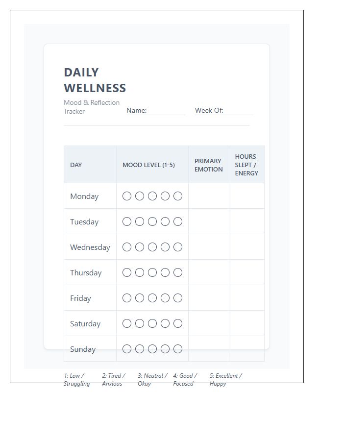 Student Daily Wellness Printable Mood Tracking Chart