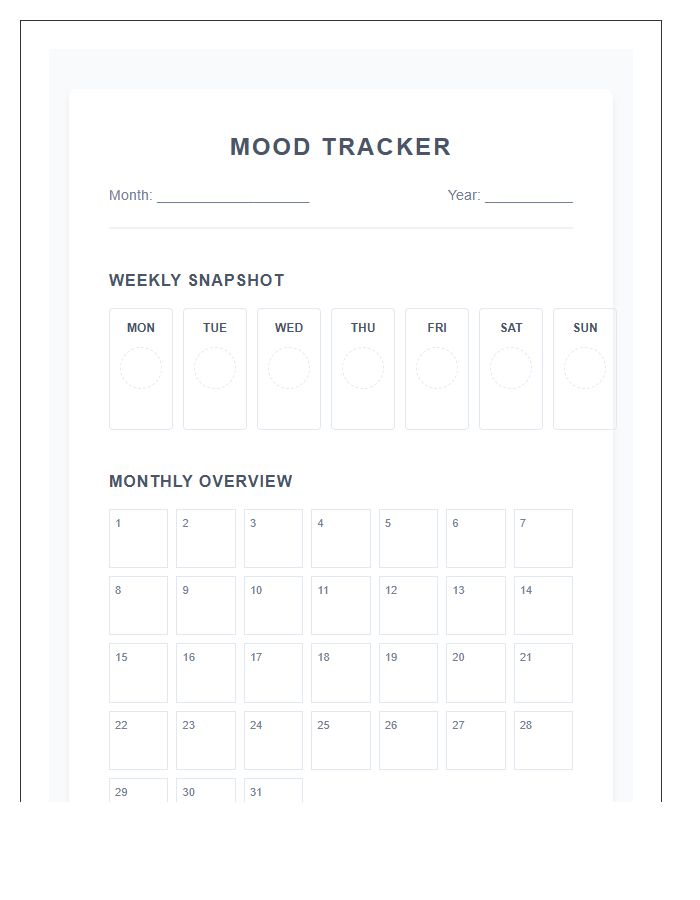 Weekly And Monthly Printable Mood Tracker Log Chart