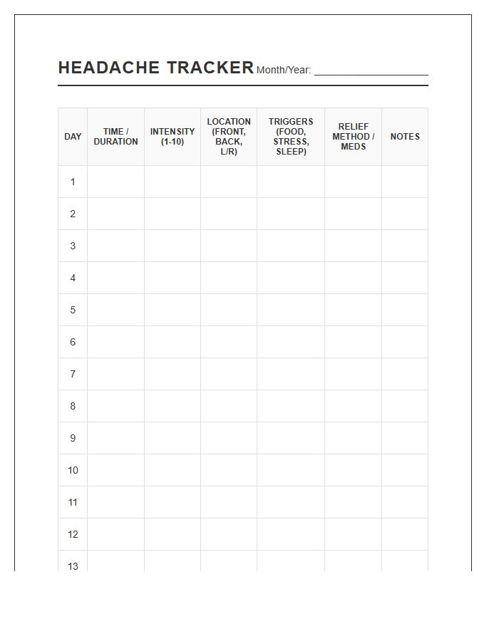 Daily Headache Symptom Printable Tracker Chart
