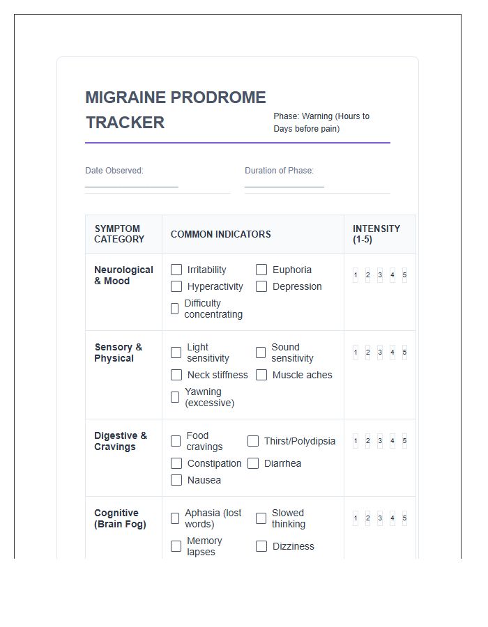 Detailed Migraine Prodrome Phase Printable Chart