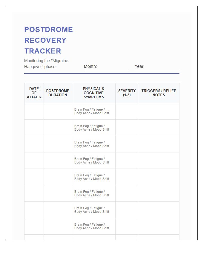 Postdrome Recovery Printable Migraine Tracking Chart