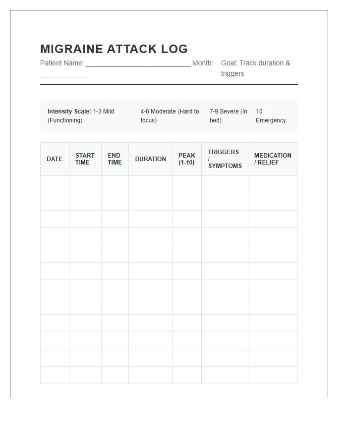 Printable Migraine Attack Duration Logging Chart