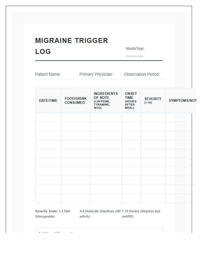 Printable Migraine Food Trigger Identification Chart