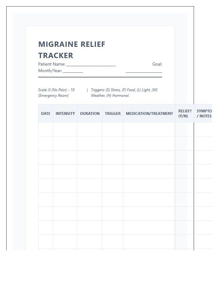 Printable Migraine Relief Progress Tracking Chart