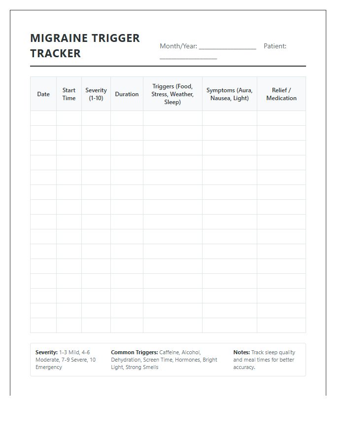 Printable Migraine Trigger Tracking Log Chart