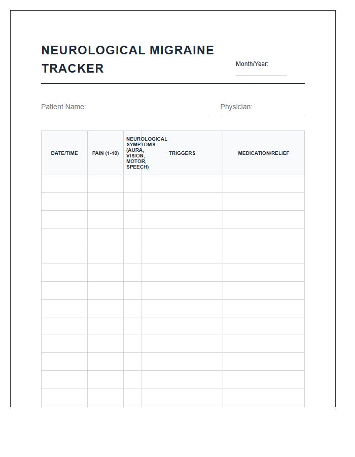 Printable Neurological Symptom Migraine Tracking Chart