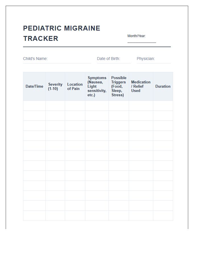Printable Pediatric Migraine Symptom Tracker Chart