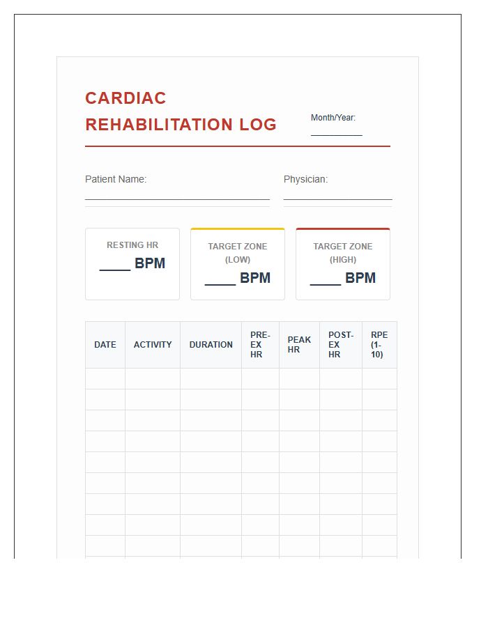 Cardiac Rehab Heart Rate Monitoring Printable Chart