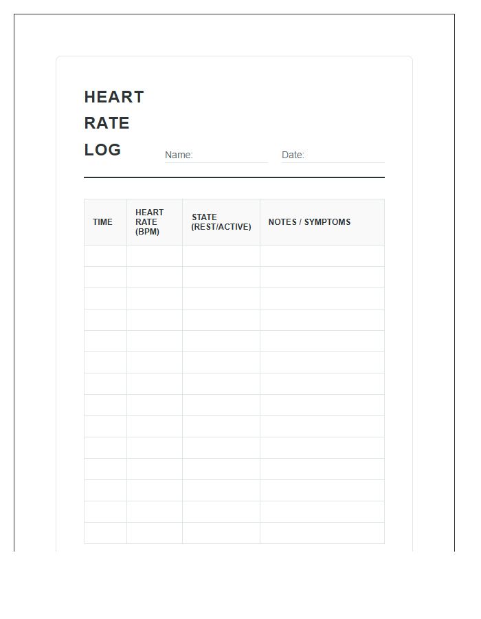 Daily Heart Rate Tracking Chart Printable