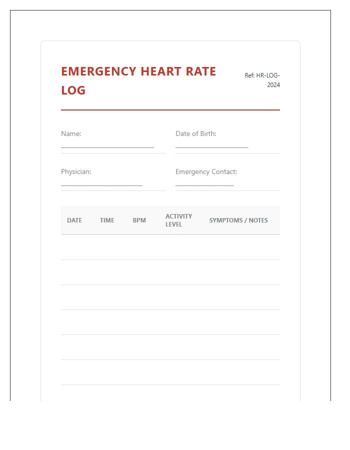 Emergency Heart Rate Record Log Printable Chart