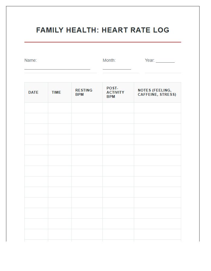 Family Health Heart Rate Log Printable Chart