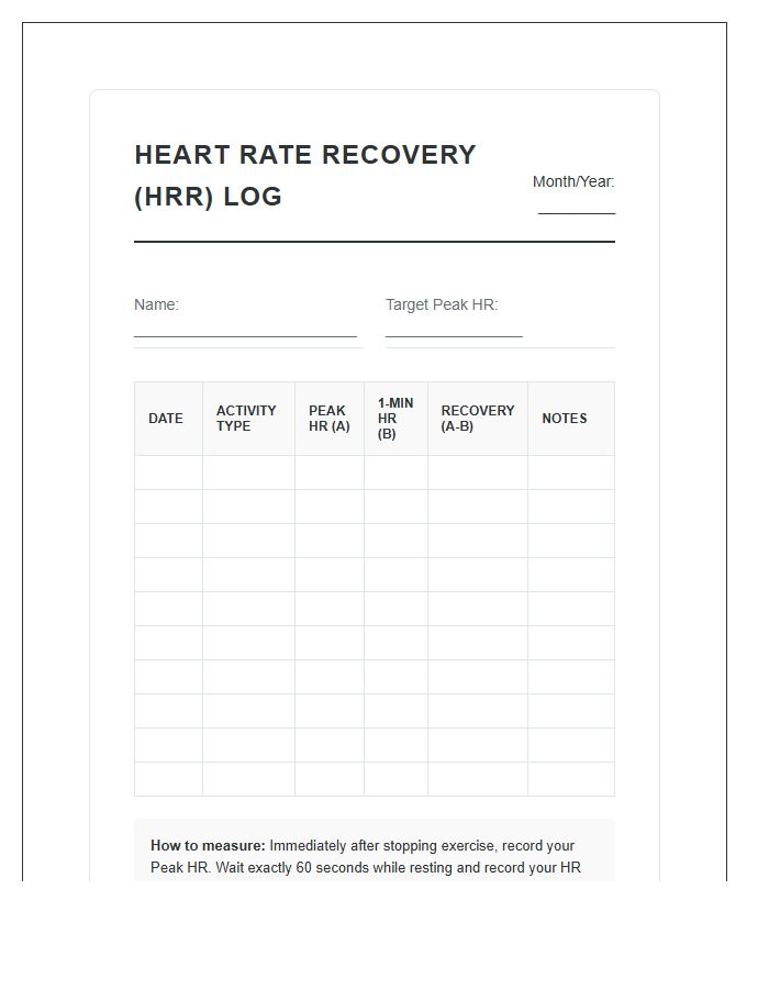 Heart Rate Recovery Monitoring Chart Printable