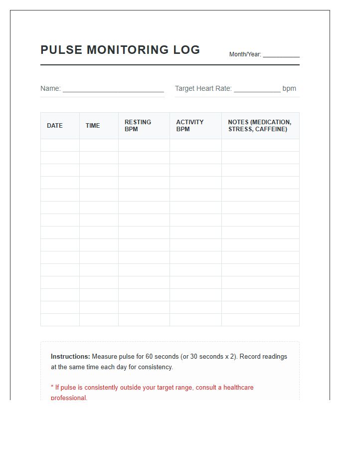Manual Pulse Monitoring Log Printable Chart