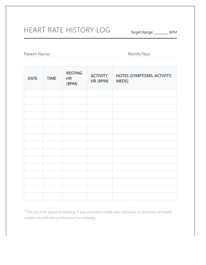 Patient Heart Rate History Log Printable Chart